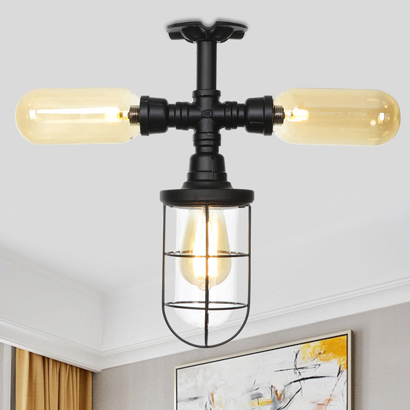 Clear Glass Ball/Capsule Flush Light Industrial 3-Head Foyer Semi Flush Mount in Black with Cage Black C Clearhalo 'Ceiling Lights' 'Close To Ceiling Lights' 'Close to ceiling' 'Glass shade' 'Glass' 'Pendant Lights' 'Semi-flushmount' Lighting' 758542