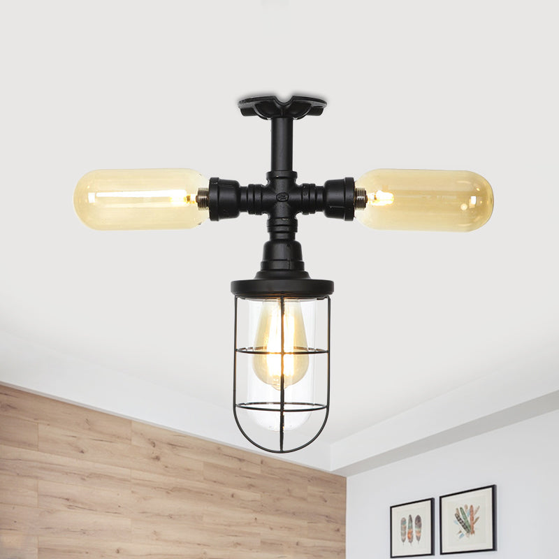 Clear Glass Ball/Capsule Flush Light Industrial 3-Head Foyer Semi Flush Mount in Black with Cage Clearhalo 'Ceiling Lights' 'Close To Ceiling Lights' 'Close to ceiling' 'Glass shade' 'Glass' 'Pendant Lights' 'Semi-flushmount' Lighting' 758543