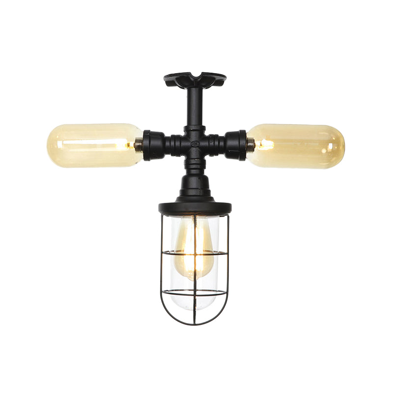 Clear Glass Ball/Capsule Flush Light Industrial 3-Head Foyer Semi Flush Mount in Black with Cage Clearhalo 'Ceiling Lights' 'Close To Ceiling Lights' 'Close to ceiling' 'Glass shade' 'Glass' 'Pendant Lights' 'Semi-flushmount' Lighting' 758544