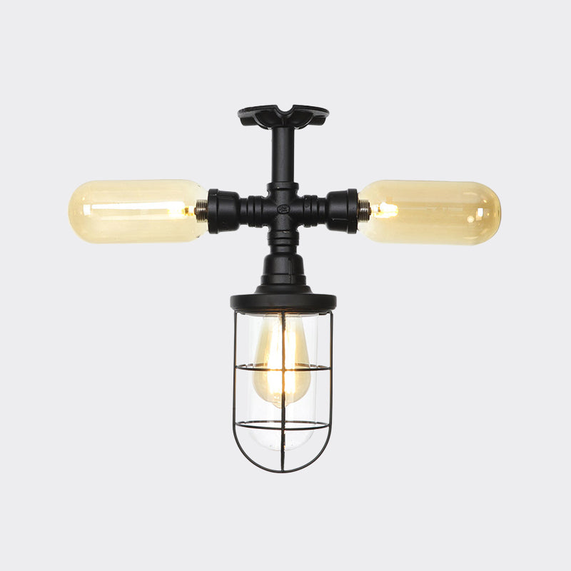 Clear Glass Ball/Capsule Flush Light Industrial 3-Head Foyer Semi Flush Mount in Black with Cage Clearhalo 'Ceiling Lights' 'Close To Ceiling Lights' 'Close to ceiling' 'Glass shade' 'Glass' 'Pendant Lights' 'Semi-flushmount' Lighting' 758545