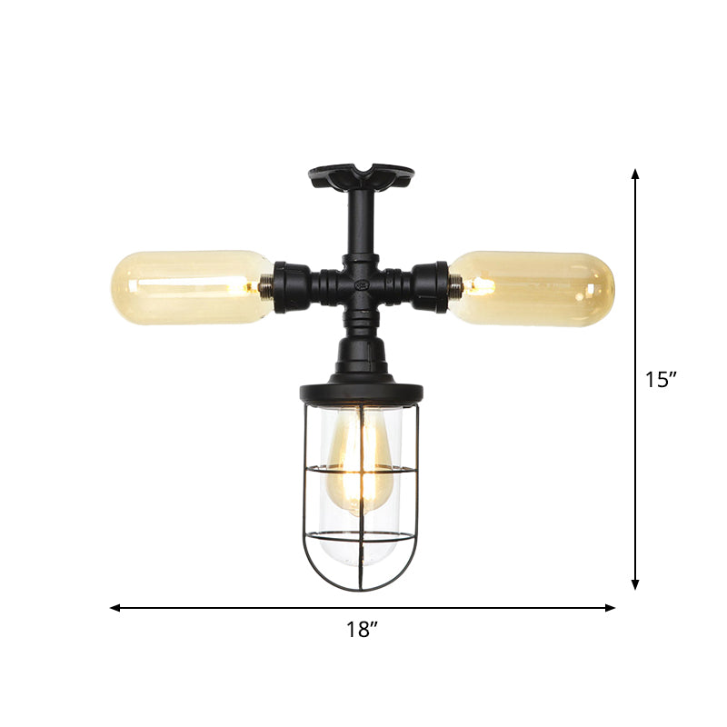 Clear Glass Ball/Capsule Flush Light Industrial 3-Head Foyer Semi Flush Mount in Black with Cage Clearhalo 'Ceiling Lights' 'Close To Ceiling Lights' 'Close to ceiling' 'Glass shade' 'Glass' 'Pendant Lights' 'Semi-flushmount' Lighting' 758546