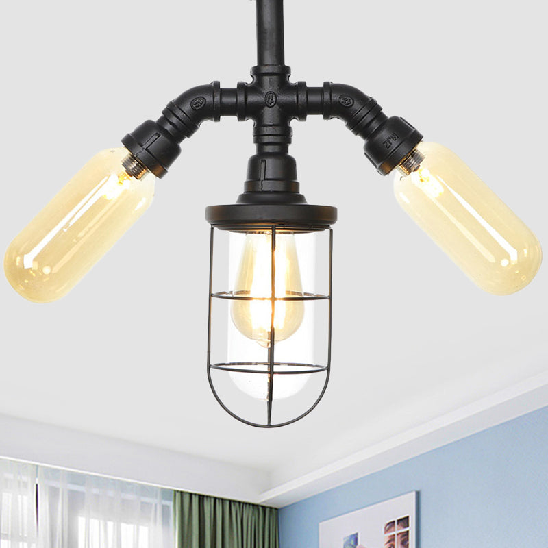 Clear Glass Ball/Capsule Flush Light Industrial 3-Head Foyer Semi Flush Mount in Black with Cage Black D Clearhalo 'Ceiling Lights' 'Close To Ceiling Lights' 'Close to ceiling' 'Glass shade' 'Glass' 'Pendant Lights' 'Semi-flushmount' Lighting' 758547