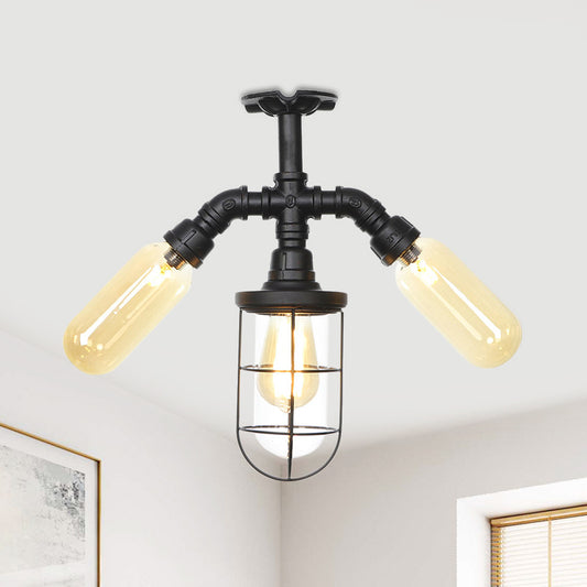 Clear Glass Ball/Capsule Flush Light Industrial 3-Head Foyer Semi Flush Mount in Black with Cage Clearhalo 'Ceiling Lights' 'Close To Ceiling Lights' 'Close to ceiling' 'Glass shade' 'Glass' 'Pendant Lights' 'Semi-flushmount' Lighting' 758548