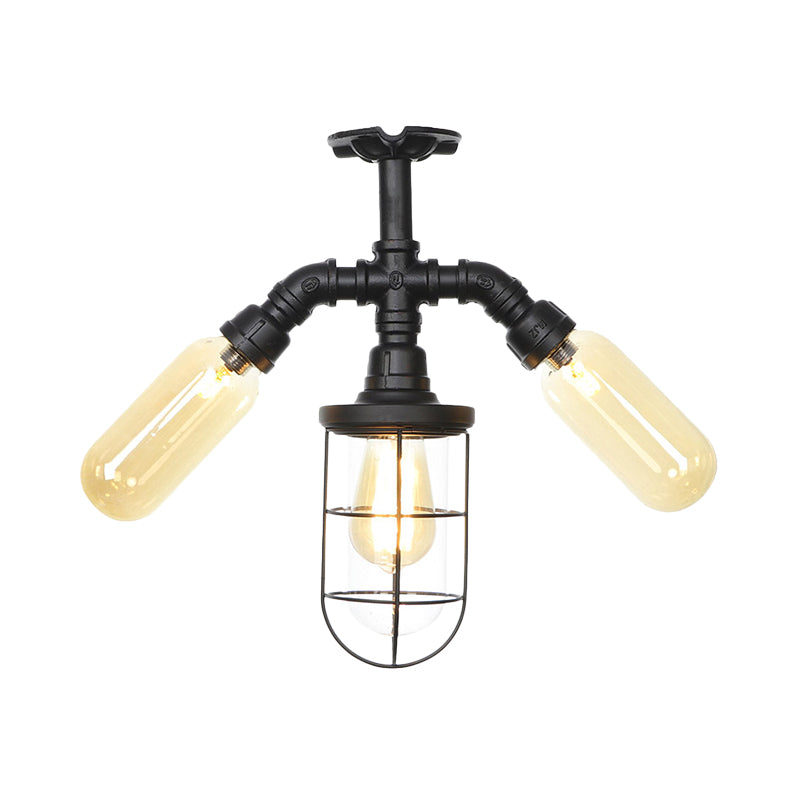 Clear Glass Ball/Capsule Flush Light Industrial 3-Head Foyer Semi Flush Mount in Black with Cage Clearhalo 'Ceiling Lights' 'Close To Ceiling Lights' 'Close to ceiling' 'Glass shade' 'Glass' 'Pendant Lights' 'Semi-flushmount' Lighting' 758549