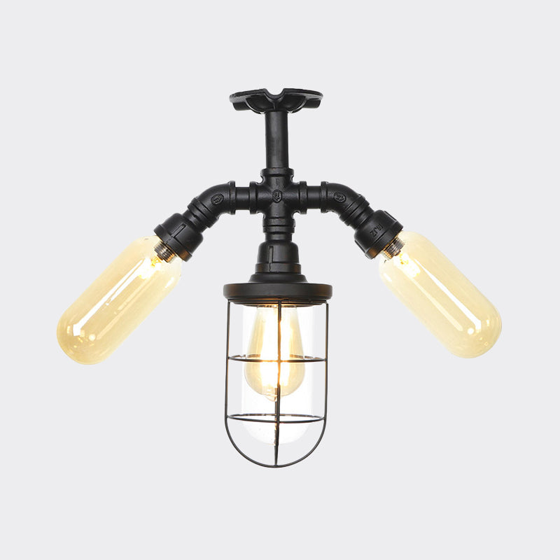 Clear Glass Ball/Capsule Flush Light Industrial 3-Head Foyer Semi Flush Mount in Black with Cage Clearhalo 'Ceiling Lights' 'Close To Ceiling Lights' 'Close to ceiling' 'Glass shade' 'Glass' 'Pendant Lights' 'Semi-flushmount' Lighting' 758550