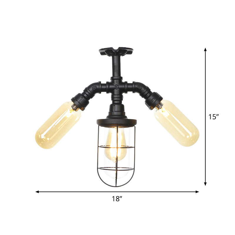 Clear Glass Ball/Capsule Flush Light Industrial 3-Head Foyer Semi Flush Mount in Black with Cage Clearhalo 'Ceiling Lights' 'Close To Ceiling Lights' 'Close to ceiling' 'Glass shade' 'Glass' 'Pendant Lights' 'Semi-flushmount' Lighting' 758551