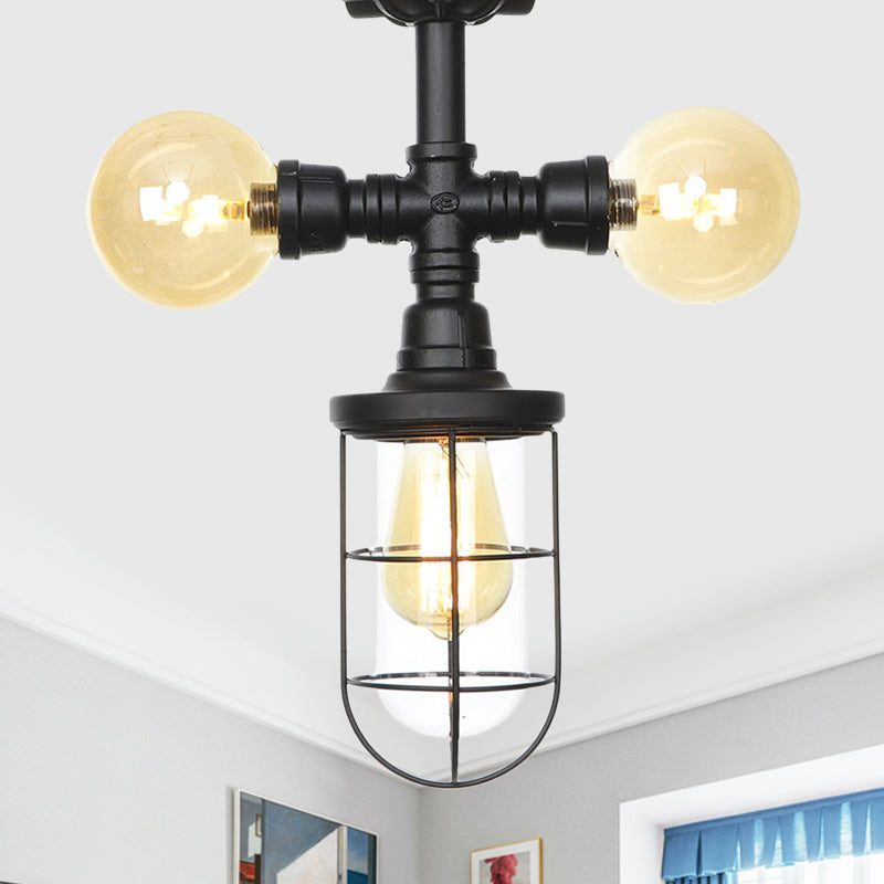 Clear Glass Ball/Capsule Flush Light Industrial 3-Head Foyer Semi Flush Mount in Black with Cage Black E Clearhalo 'Ceiling Lights' 'Close To Ceiling Lights' 'Close to ceiling' 'Glass shade' 'Glass' 'Pendant Lights' 'Semi-flushmount' Lighting' 758552