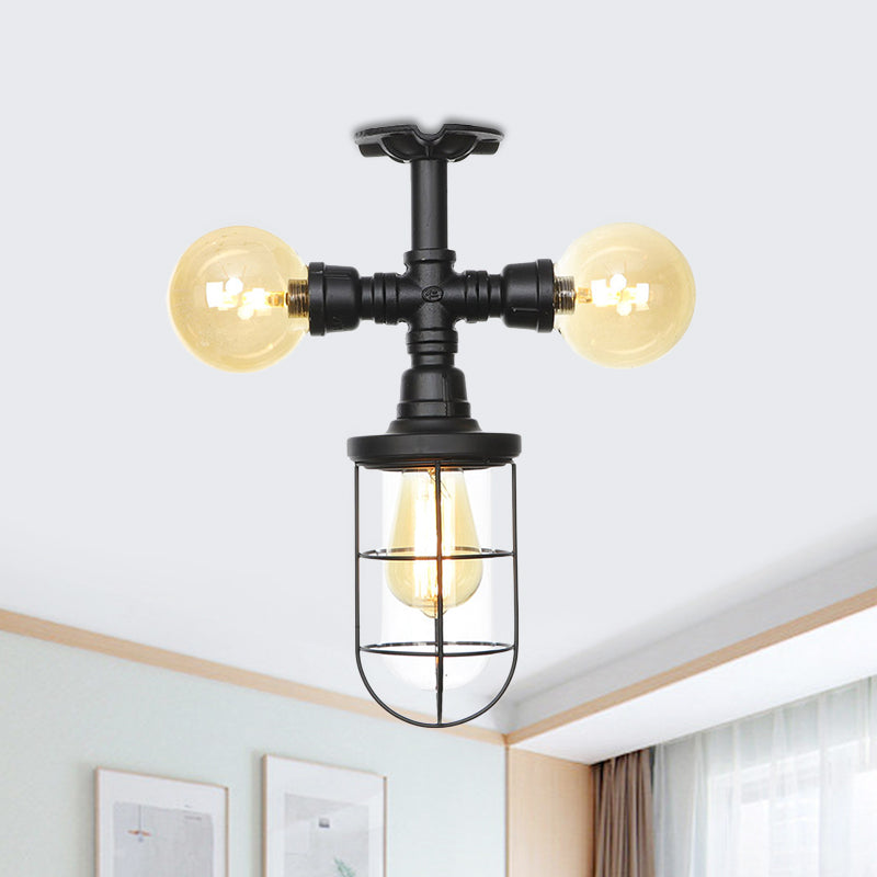 Clear Glass Ball/Capsule Flush Light Industrial 3-Head Foyer Semi Flush Mount in Black with Cage Clearhalo 'Ceiling Lights' 'Close To Ceiling Lights' 'Close to ceiling' 'Glass shade' 'Glass' 'Pendant Lights' 'Semi-flushmount' Lighting' 758553