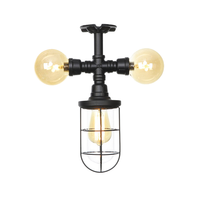 Clear Glass Ball/Capsule Flush Light Industrial 3-Head Foyer Semi Flush Mount in Black with Cage Clearhalo 'Ceiling Lights' 'Close To Ceiling Lights' 'Close to ceiling' 'Glass shade' 'Glass' 'Pendant Lights' 'Semi-flushmount' Lighting' 758554
