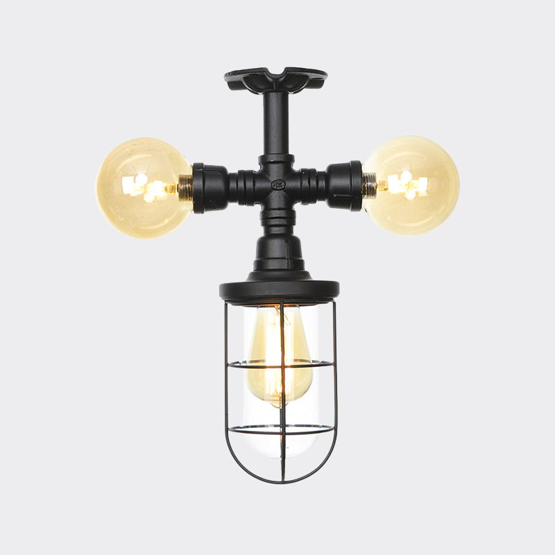 Clear Glass Ball/Capsule Flush Light Industrial 3-Head Foyer Semi Flush Mount in Black with Cage Clearhalo 'Ceiling Lights' 'Close To Ceiling Lights' 'Close to ceiling' 'Glass shade' 'Glass' 'Pendant Lights' 'Semi-flushmount' Lighting' 758555