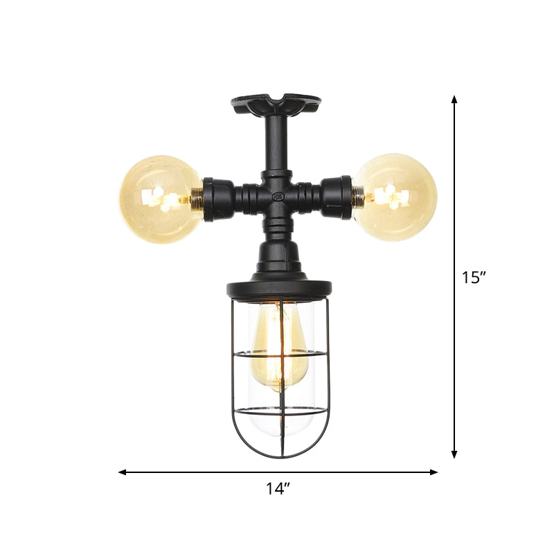 Clear Glass Ball/Capsule Flush Light Industrial 3-Head Foyer Semi Flush Mount in Black with Cage Clearhalo 'Ceiling Lights' 'Close To Ceiling Lights' 'Close to ceiling' 'Glass shade' 'Glass' 'Pendant Lights' 'Semi-flushmount' Lighting' 758556