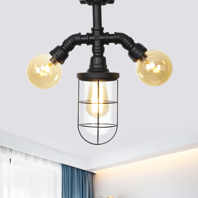 Clear Glass Ball/Capsule Flush Light Industrial 3-Head Foyer Semi Flush Mount in Black with Cage Clearhalo 'Ceiling Lights' 'Close To Ceiling Lights' 'Close to ceiling' 'Glass shade' 'Glass' 'Pendant Lights' 'Semi-flushmount' Lighting' 758558