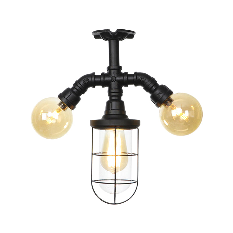 Clear Glass Ball/Capsule Flush Light Industrial 3-Head Foyer Semi Flush Mount in Black with Cage Clearhalo 'Ceiling Lights' 'Close To Ceiling Lights' 'Close to ceiling' 'Glass shade' 'Glass' 'Pendant Lights' 'Semi-flushmount' Lighting' 758559