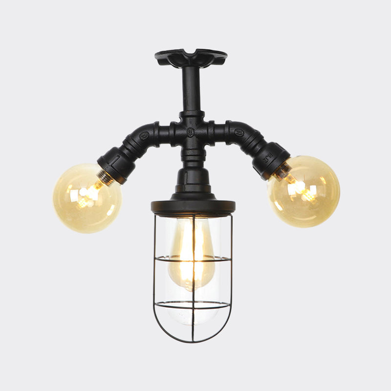 Clear Glass Ball/Capsule Flush Light Industrial 3-Head Foyer Semi Flush Mount in Black with Cage Clearhalo 'Ceiling Lights' 'Close To Ceiling Lights' 'Close to ceiling' 'Glass shade' 'Glass' 'Pendant Lights' 'Semi-flushmount' Lighting' 758560