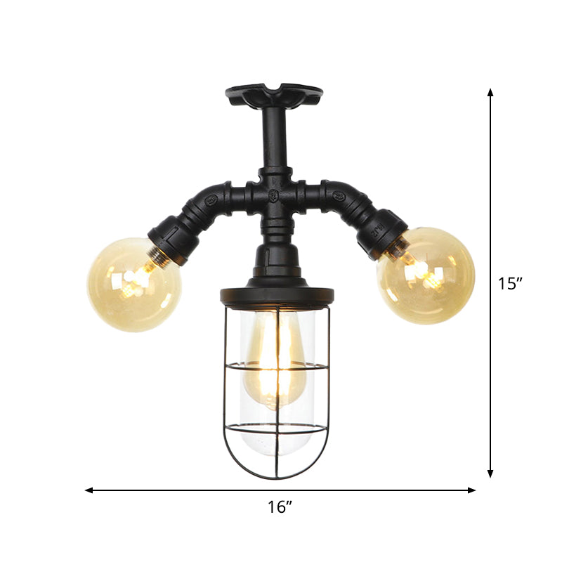 Clear Glass Ball/Capsule Flush Light Industrial 3-Head Foyer Semi Flush Mount in Black with Cage Clearhalo 'Ceiling Lights' 'Close To Ceiling Lights' 'Close to ceiling' 'Glass shade' 'Glass' 'Pendant Lights' 'Semi-flushmount' Lighting' 758561
