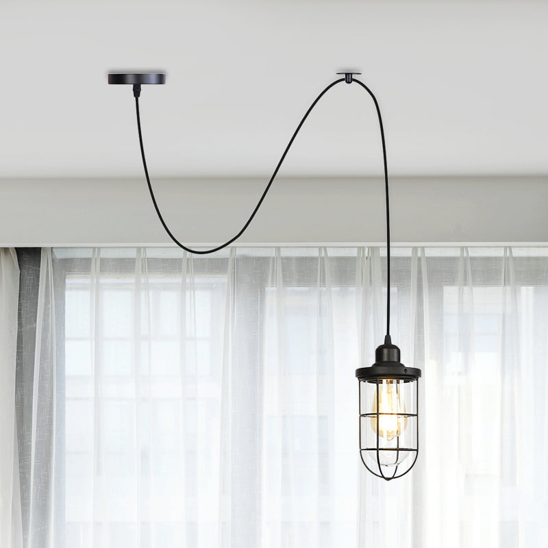 1 Light Hanging Ceiling Light Antiqued Cage Clear Glass Pendant Lamp Fixture in Black with Adjustable Cord Black B Clearhalo 'Ceiling Lights' 'Glass shade' 'Glass' 'Industrial Pendants' 'Industrial' 'Middle Century Pendants' 'Pendant Lights' 'Pendants' 'Tiffany' Lighting' 758675
