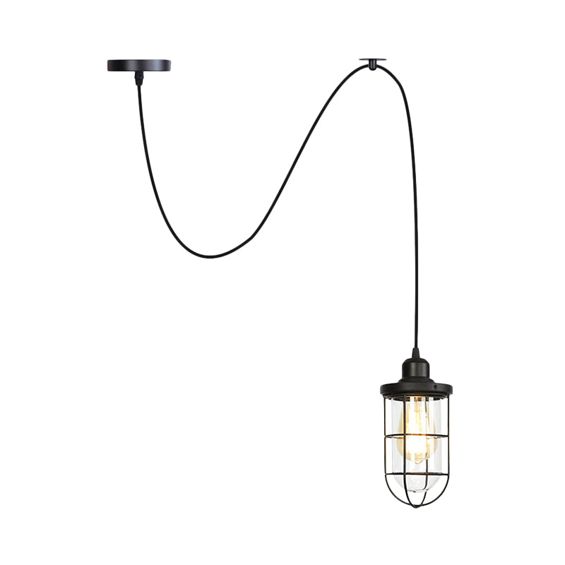 1 Light Hanging Ceiling Light Antiqued Cage Clear Glass Pendant Lamp Fixture in Black with Adjustable Cord Clearhalo 'Ceiling Lights' 'Glass shade' 'Glass' 'Industrial Pendants' 'Industrial' 'Middle Century Pendants' 'Pendant Lights' 'Pendants' 'Tiffany' Lighting' 758676