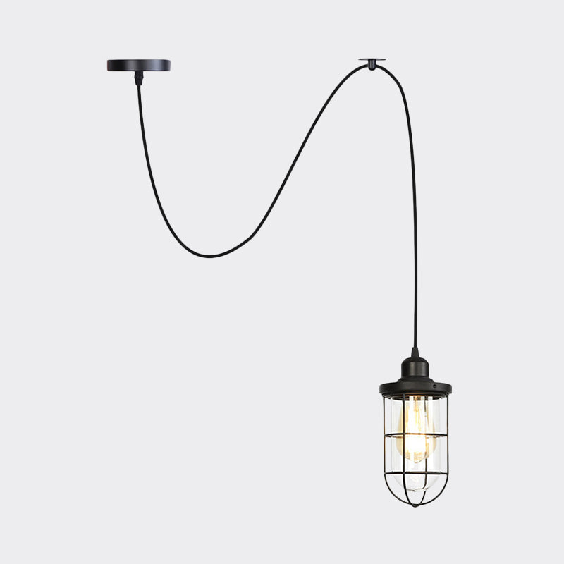 1 Light Hanging Ceiling Light Antiqued Cage Clear Glass Pendant Lamp Fixture in Black with Adjustable Cord Clearhalo 'Ceiling Lights' 'Glass shade' 'Glass' 'Industrial Pendants' 'Industrial' 'Middle Century Pendants' 'Pendant Lights' 'Pendants' 'Tiffany' Lighting' 758677