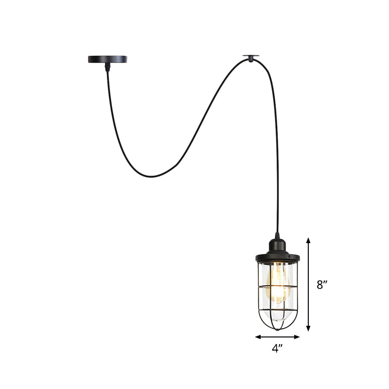1 Light Hanging Ceiling Light Antiqued Cage Clear Glass Pendant Lamp Fixture in Black with Adjustable Cord Clearhalo 'Ceiling Lights' 'Glass shade' 'Glass' 'Industrial Pendants' 'Industrial' 'Middle Century Pendants' 'Pendant Lights' 'Pendants' 'Tiffany' Lighting' 758678