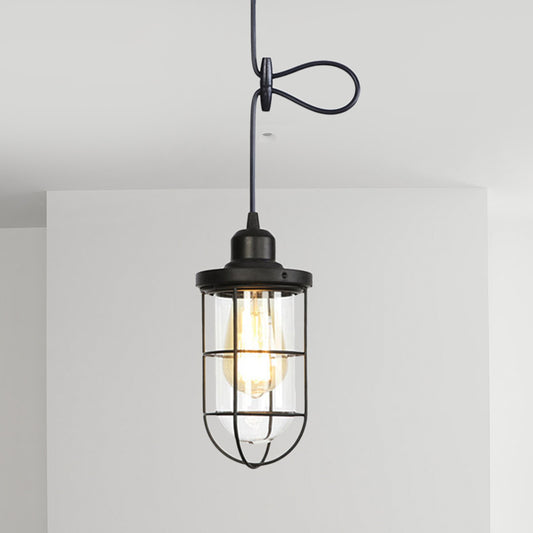 1 Light Hanging Ceiling Light Antiqued Cage Clear Glass Pendant Lamp Fixture in Black with Adjustable Cord Black A Clearhalo 'Ceiling Lights' 'Glass shade' 'Glass' 'Industrial Pendants' 'Industrial' 'Middle Century Pendants' 'Pendant Lights' 'Pendants' 'Tiffany' Lighting' 758679