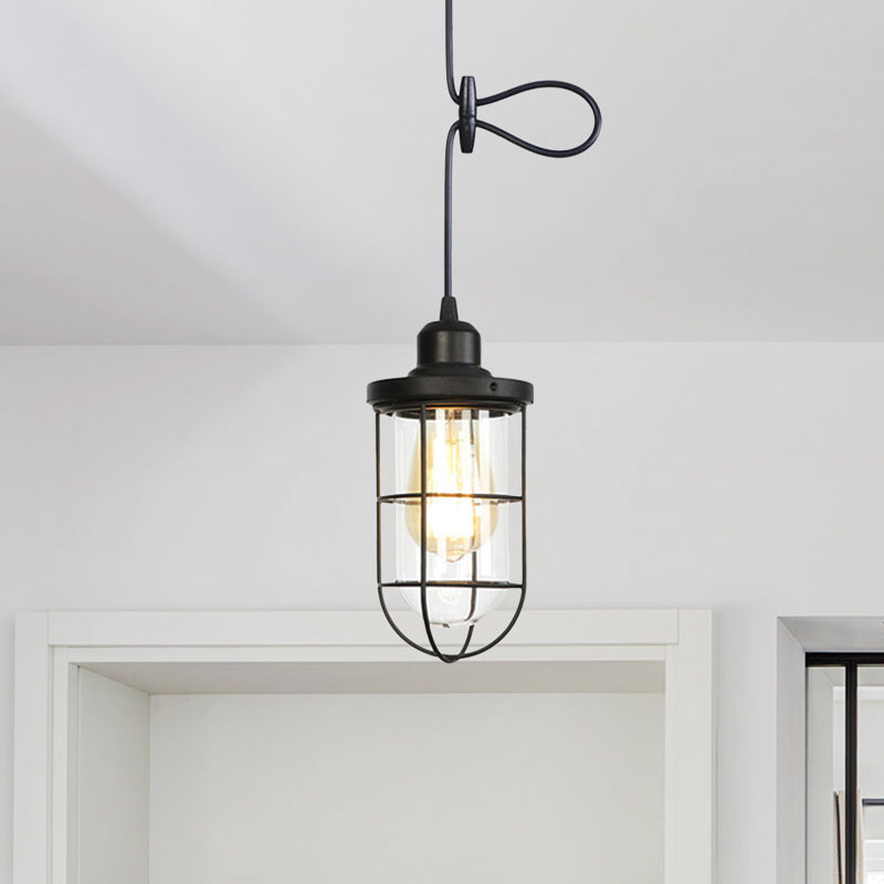 1 Light Hanging Ceiling Light Antiqued Cage Clear Glass Pendant Lamp Fixture in Black with Adjustable Cord Clearhalo 'Ceiling Lights' 'Glass shade' 'Glass' 'Industrial Pendants' 'Industrial' 'Middle Century Pendants' 'Pendant Lights' 'Pendants' 'Tiffany' Lighting' 758680