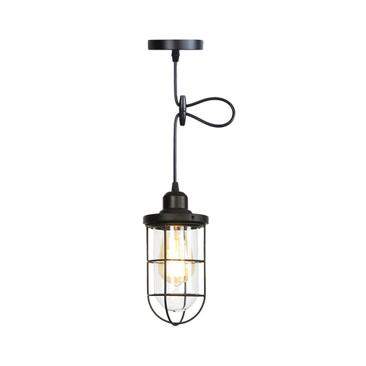 1 Light Hanging Ceiling Light Antiqued Cage Clear Glass Pendant Lamp Fixture in Black with Adjustable Cord Clearhalo 'Ceiling Lights' 'Glass shade' 'Glass' 'Industrial Pendants' 'Industrial' 'Middle Century Pendants' 'Pendant Lights' 'Pendants' 'Tiffany' Lighting' 758681