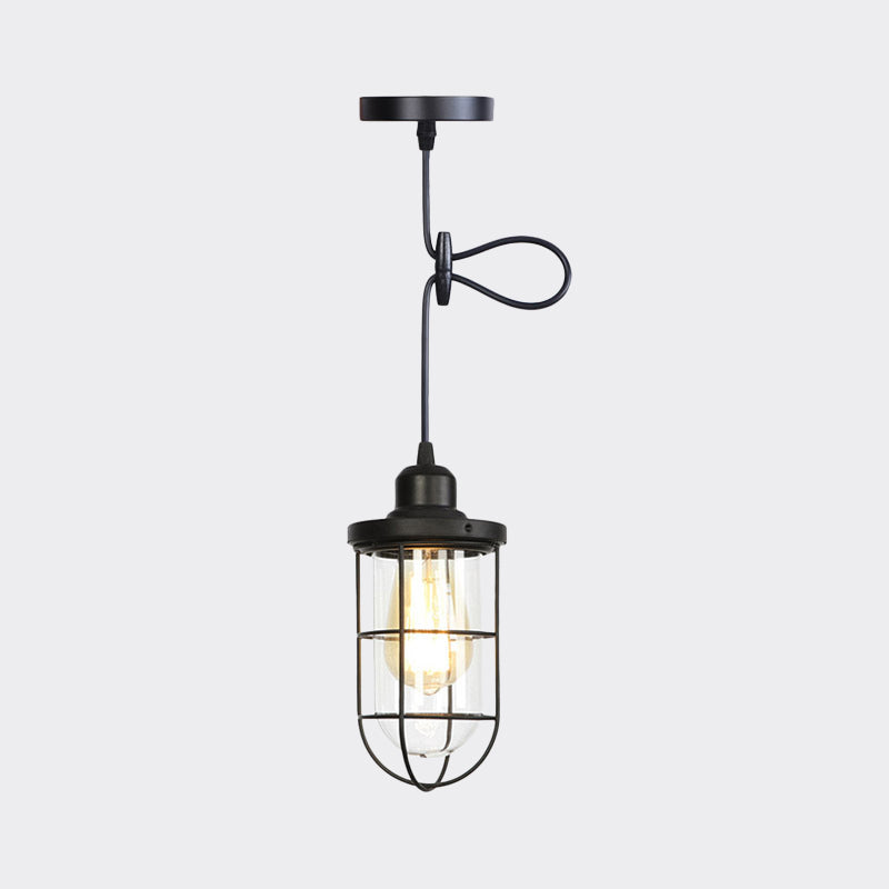 1 Light Hanging Ceiling Light Antiqued Cage Clear Glass Pendant Lamp Fixture in Black with Adjustable Cord Clearhalo 'Ceiling Lights' 'Glass shade' 'Glass' 'Industrial Pendants' 'Industrial' 'Middle Century Pendants' 'Pendant Lights' 'Pendants' 'Tiffany' Lighting' 758682