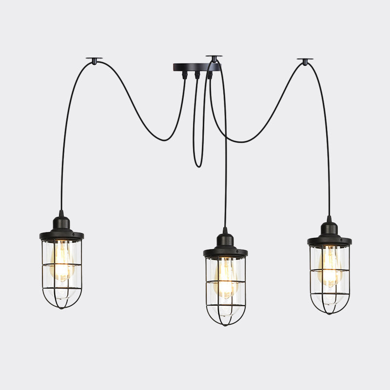 2/3/6-Bulb Clear Glass Multi Ceiling Light Industrial Black Caged Restaurant Swag Pendulum Lamp Clearhalo 'Ceiling Lights' 'Glass shade' 'Glass' 'Industrial Pendants' 'Industrial' 'Middle Century Pendants' 'Pendant Lights' 'Pendants' 'Tiffany' Lighting' 758691