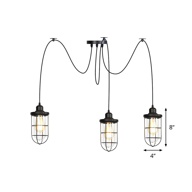 2/3/6-Bulb Clear Glass Multi Ceiling Light Industrial Black Caged Restaurant Swag Pendulum Lamp Clearhalo 'Ceiling Lights' 'Glass shade' 'Glass' 'Industrial Pendants' 'Industrial' 'Middle Century Pendants' 'Pendant Lights' 'Pendants' 'Tiffany' Lighting' 758692