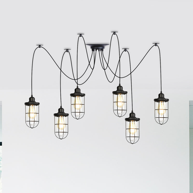 2/3/6-Bulb Clear Glass Multi Ceiling Light Industrial Black Caged Restaurant Swag Pendulum Lamp Clearhalo 'Ceiling Lights' 'Glass shade' 'Glass' 'Industrial Pendants' 'Industrial' 'Middle Century Pendants' 'Pendant Lights' 'Pendants' 'Tiffany' Lighting' 758694