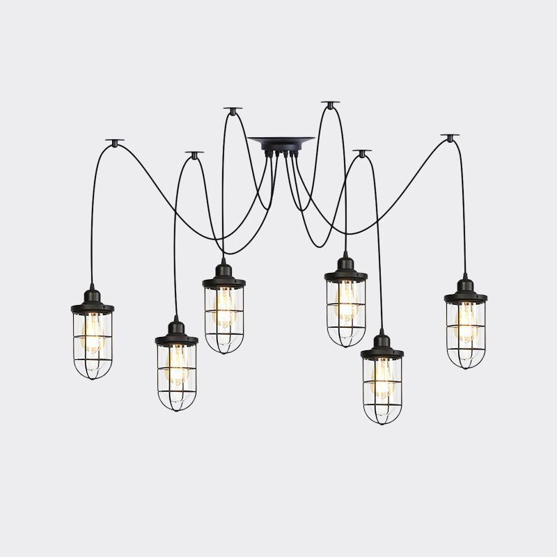 2/3/6-Bulb Clear Glass Multi Ceiling Light Industrial Black Caged Restaurant Swag Pendulum Lamp Clearhalo 'Ceiling Lights' 'Glass shade' 'Glass' 'Industrial Pendants' 'Industrial' 'Middle Century Pendants' 'Pendant Lights' 'Pendants' 'Tiffany' Lighting' 758696