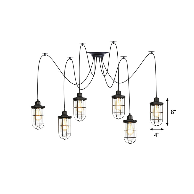 2/3/6-Bulb Clear Glass Multi Ceiling Light Industrial Black Caged Restaurant Swag Pendulum Lamp Clearhalo 'Ceiling Lights' 'Glass shade' 'Glass' 'Industrial Pendants' 'Industrial' 'Middle Century Pendants' 'Pendant Lights' 'Pendants' 'Tiffany' Lighting' 758697
