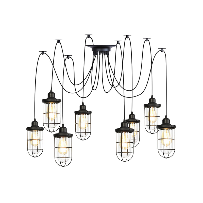 2/3/6-Bulb Clear Glass Multi Ceiling Light Industrial Black Caged Restaurant Swag Pendulum Lamp Clearhalo 'Ceiling Lights' 'Glass shade' 'Glass' 'Industrial Pendants' 'Industrial' 'Middle Century Pendants' 'Pendant Lights' 'Pendants' 'Tiffany' Lighting' 758700