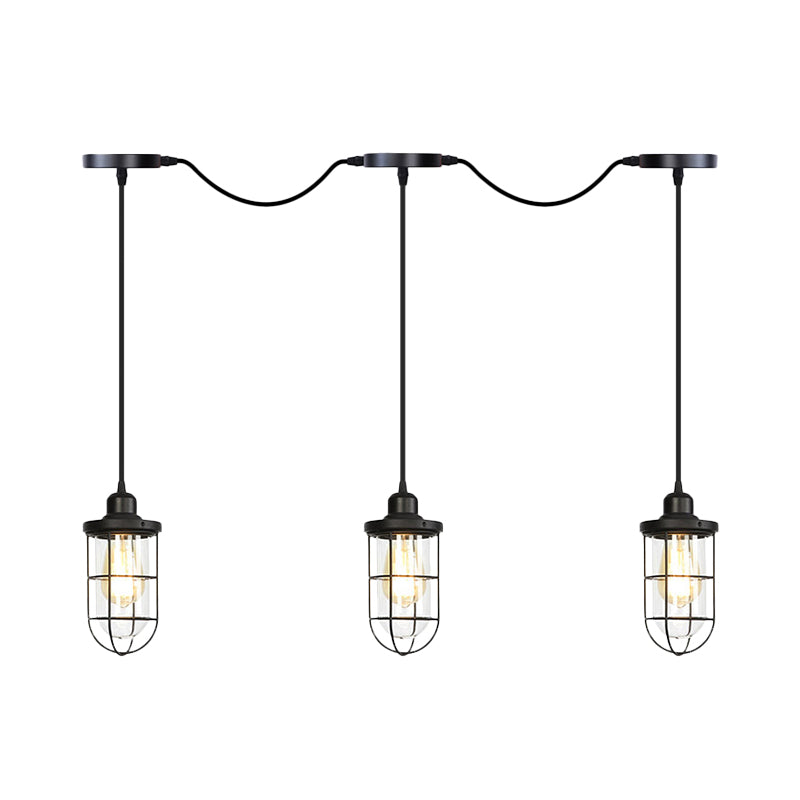 Black 3/5/7 Heads Multi Light Chandelier Farmhouse Clear Glass Cage Tandem Ceiling Lamp Clearhalo 'Ceiling Lights' 'Close To Ceiling Lights' 'Glass shade' 'Glass' 'Industrial Pendants' 'Industrial' 'Middle Century Pendants' 'Pendant Lights' 'Pendants' 'Tiffany' Lighting' 758704