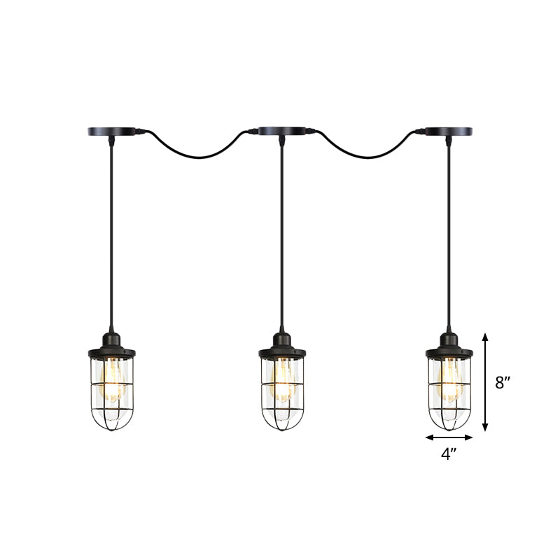 Black 3/5/7 Heads Multi Light Chandelier Farmhouse Clear Glass Cage Tandem Ceiling Lamp Clearhalo 'Ceiling Lights' 'Close To Ceiling Lights' 'Glass shade' 'Glass' 'Industrial Pendants' 'Industrial' 'Middle Century Pendants' 'Pendant Lights' 'Pendants' 'Tiffany' Lighting' 758706