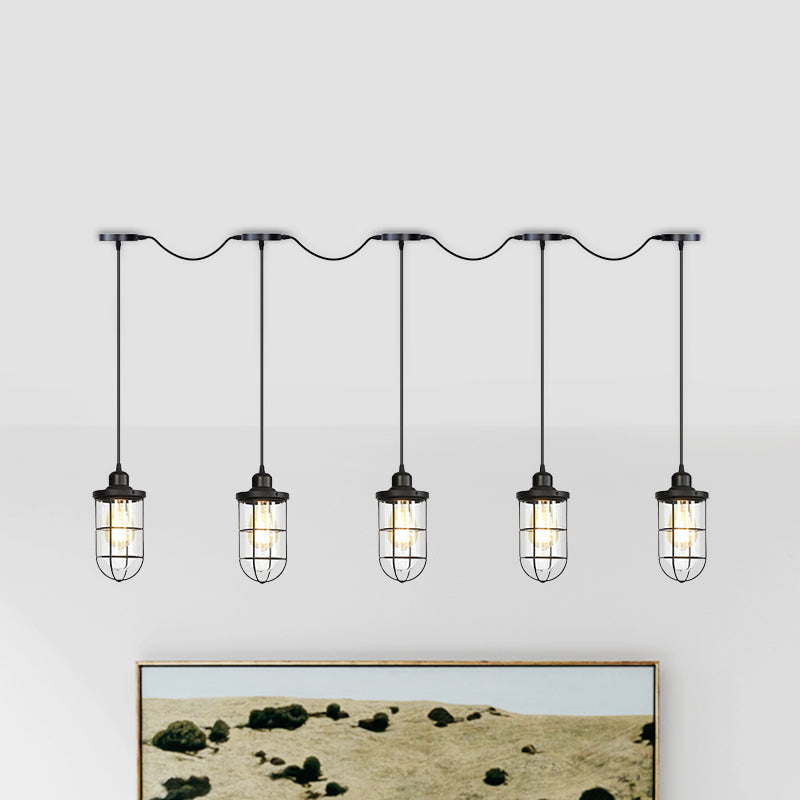 Black 3/5/7 Heads Multi Light Chandelier Farmhouse Clear Glass Cage Tandem Ceiling Lamp Clearhalo 'Ceiling Lights' 'Close To Ceiling Lights' 'Glass shade' 'Glass' 'Industrial Pendants' 'Industrial' 'Middle Century Pendants' 'Pendant Lights' 'Pendants' 'Tiffany' Lighting' 758708