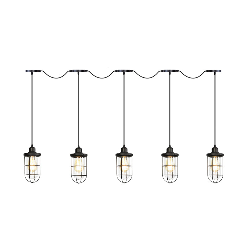 Black 3/5/7 Heads Multi Light Chandelier Farmhouse Clear Glass Cage Tandem Ceiling Lamp Clearhalo 'Ceiling Lights' 'Close To Ceiling Lights' 'Glass shade' 'Glass' 'Industrial Pendants' 'Industrial' 'Middle Century Pendants' 'Pendant Lights' 'Pendants' 'Tiffany' Lighting' 758709