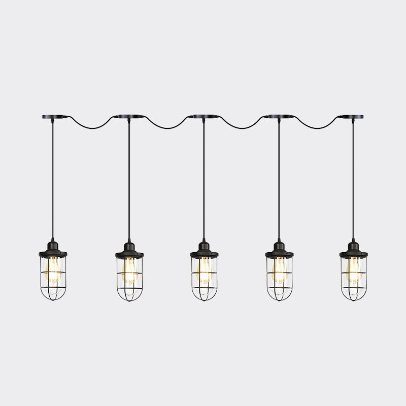 Black 3/5/7 Heads Multi Light Chandelier Farmhouse Clear Glass Cage Tandem Ceiling Lamp Clearhalo 'Ceiling Lights' 'Close To Ceiling Lights' 'Glass shade' 'Glass' 'Industrial Pendants' 'Industrial' 'Middle Century Pendants' 'Pendant Lights' 'Pendants' 'Tiffany' Lighting' 758710