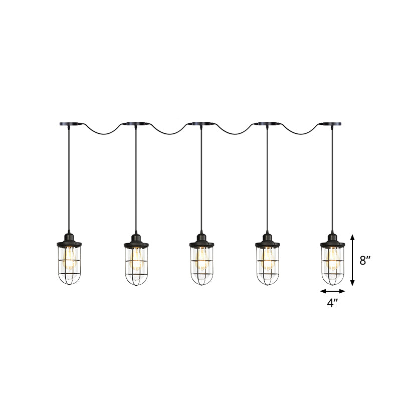 Black 3/5/7 Heads Multi Light Chandelier Farmhouse Clear Glass Cage Tandem Ceiling Lamp Clearhalo 'Ceiling Lights' 'Close To Ceiling Lights' 'Glass shade' 'Glass' 'Industrial Pendants' 'Industrial' 'Middle Century Pendants' 'Pendant Lights' 'Pendants' 'Tiffany' Lighting' 758711