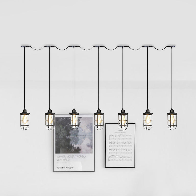 Black 3/5/7 Heads Multi Light Chandelier Farmhouse Clear Glass Cage Tandem Ceiling Lamp Clearhalo 'Ceiling Lights' 'Close To Ceiling Lights' 'Glass shade' 'Glass' 'Industrial Pendants' 'Industrial' 'Middle Century Pendants' 'Pendant Lights' 'Pendants' 'Tiffany' Lighting' 758713