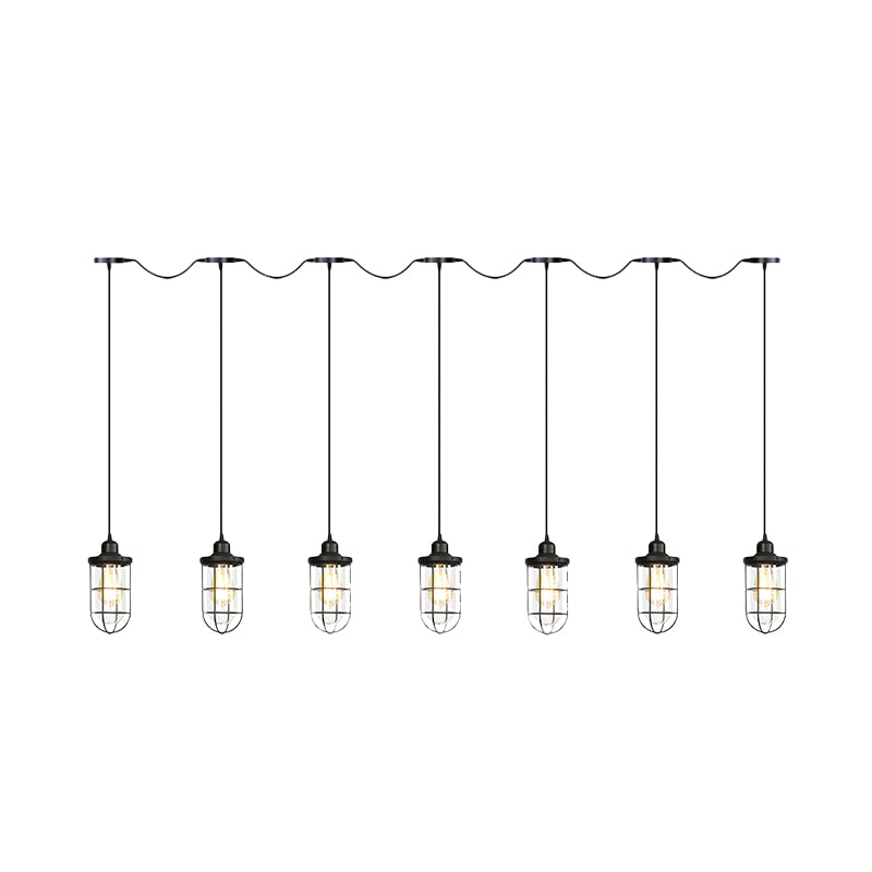 Black 3/5/7 Heads Multi Light Chandelier Farmhouse Clear Glass Cage Tandem Ceiling Lamp Clearhalo 'Ceiling Lights' 'Close To Ceiling Lights' 'Glass shade' 'Glass' 'Industrial Pendants' 'Industrial' 'Middle Century Pendants' 'Pendant Lights' 'Pendants' 'Tiffany' Lighting' 758714