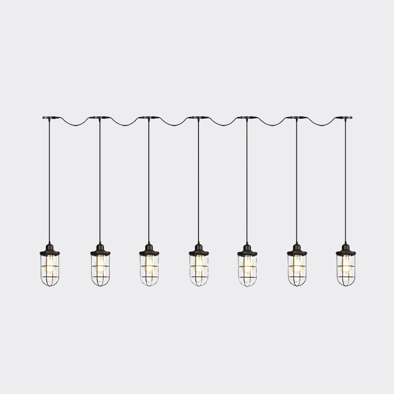 Black 3/5/7 Heads Multi Light Chandelier Farmhouse Clear Glass Cage Tandem Ceiling Lamp Clearhalo 'Ceiling Lights' 'Close To Ceiling Lights' 'Glass shade' 'Glass' 'Industrial Pendants' 'Industrial' 'Middle Century Pendants' 'Pendant Lights' 'Pendants' 'Tiffany' Lighting' 758715