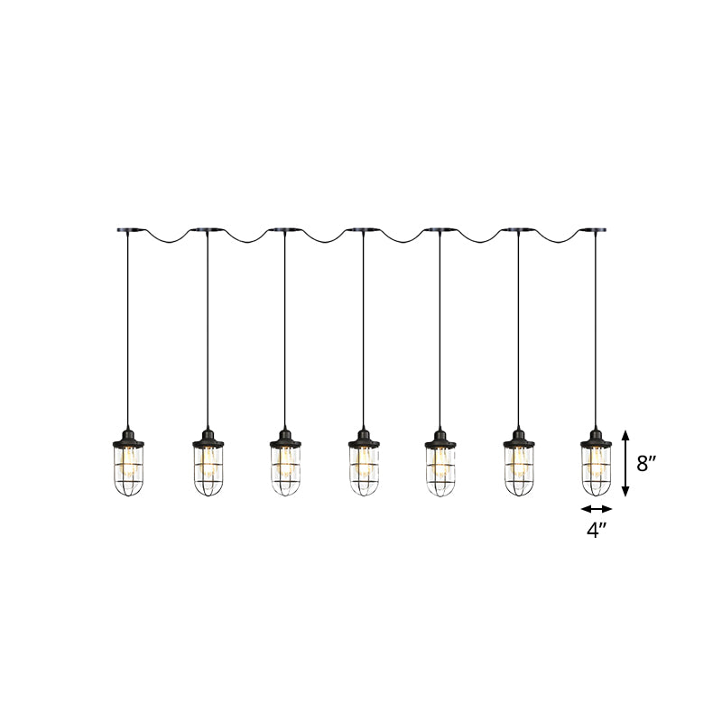 Black 3/5/7 Heads Multi Light Chandelier Farmhouse Clear Glass Cage Tandem Ceiling Lamp Clearhalo 'Ceiling Lights' 'Close To Ceiling Lights' 'Glass shade' 'Glass' 'Industrial Pendants' 'Industrial' 'Middle Century Pendants' 'Pendant Lights' 'Pendants' 'Tiffany' Lighting' 758716