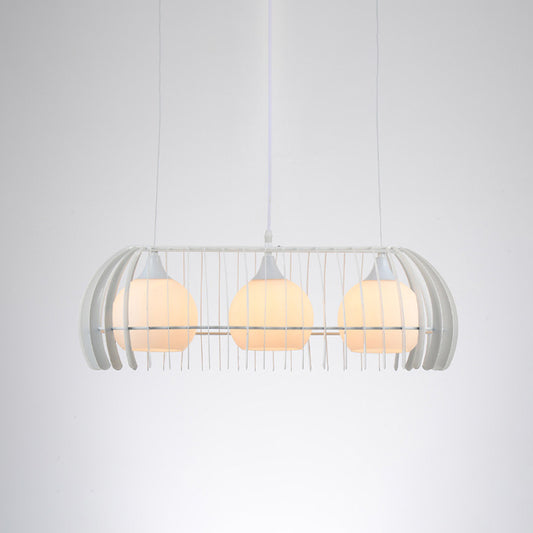 Globe Dining Room Island Light Fixture White Glass 3 Heads Modernist Pendant Lamp with Cage Clearhalo 'Ceiling Lights' 'Close To Ceiling Lights' 'Glass shade' 'Glass' 'Island Lights' Lighting' 758877