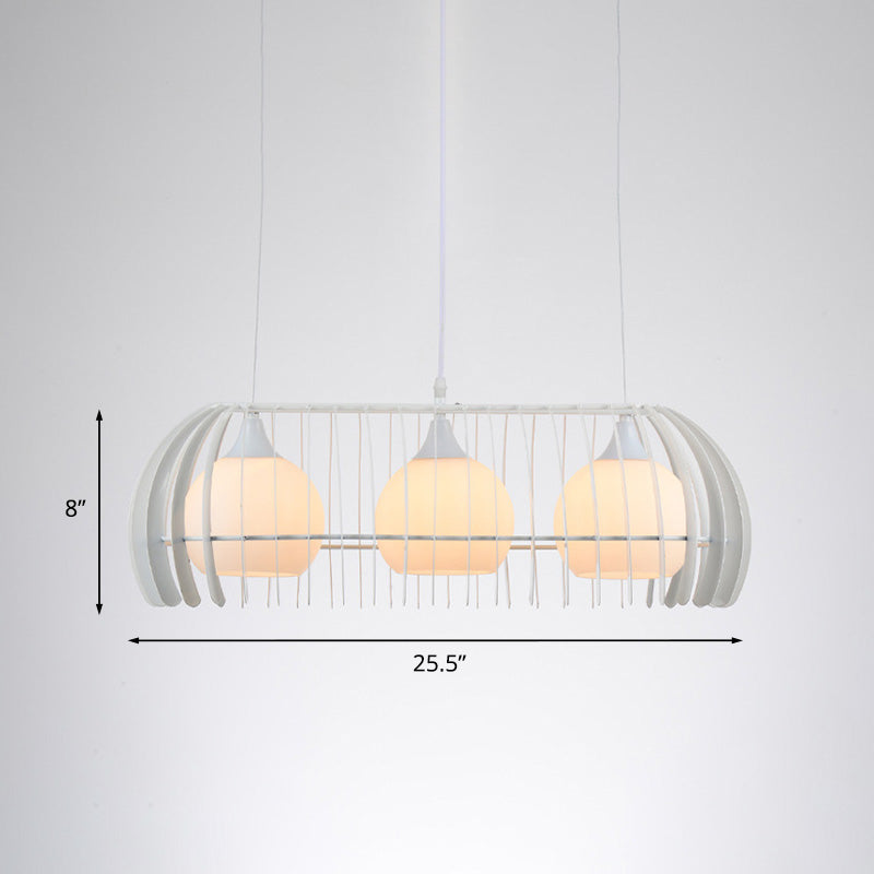 Globe Dining Room Island Light Fixture White Glass 3 Heads Modernist Pendant Lamp with Cage Clearhalo 'Ceiling Lights' 'Close To Ceiling Lights' 'Glass shade' 'Glass' 'Island Lights' Lighting' 758878