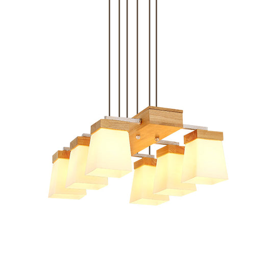 Modernism Trapezoid Island Lighting White Frosted Glass 6-Head Dining Room Suspension Lamp with Wood Shelf Clearhalo 'Ceiling Lights' 'Glass shade' 'Glass' 'Island Lights' Lighting' 758893