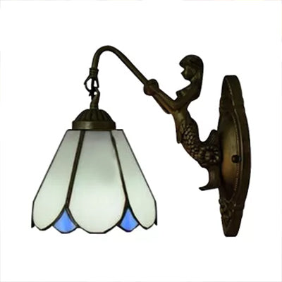 1 Head Cone Wall Light Fixture Tiffany White/Blue Glass Sconce Lighting with Mermaid Backplate White Clearhalo 'Industrial' 'Middle century wall lights' 'Tiffany wall lights' 'Tiffany' 'Wall Lamps & Sconces' 'Wall Lights' Lighting' 7589