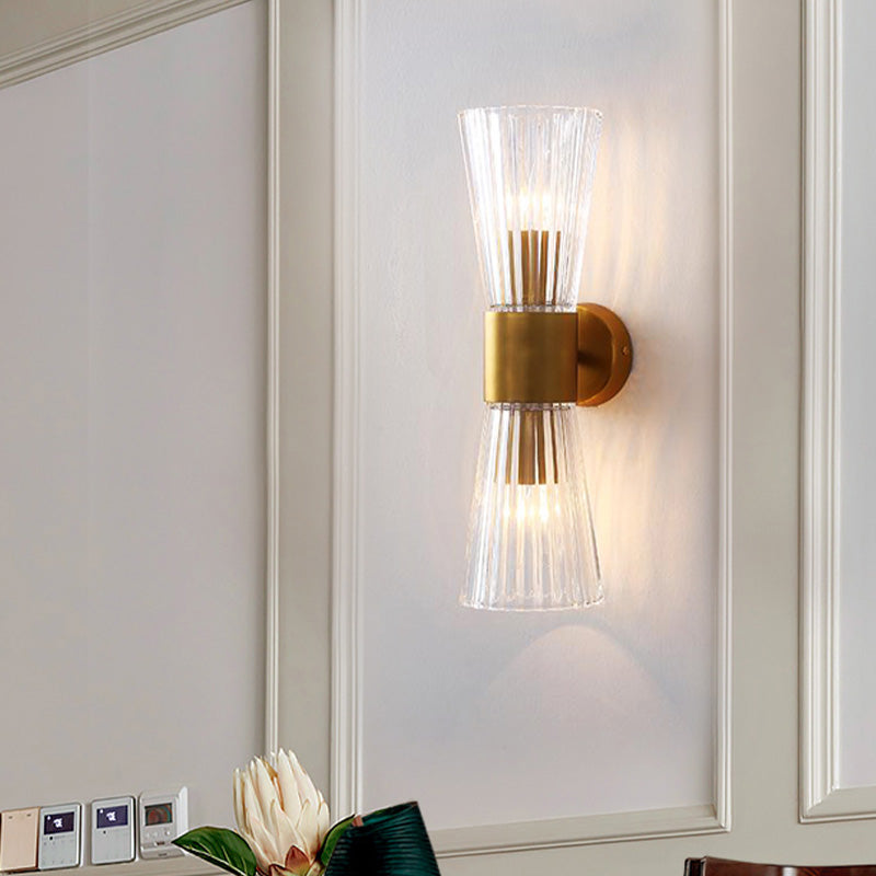 Hourglass Shape Wall Sconce Lighting Postmodern Clear Prismatic Glass 2 Heads Brass Up-Down Wall Lamp Brass Clearhalo 'Cast Iron' 'Glass' 'Industrial' 'Modern wall lights' 'Modern' 'Tiffany' 'Traditional wall lights' 'Wall Lamps & Sconces' 'Wall Lights' Lighting' 758906