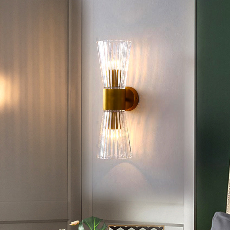 Hourglass Shape Wall Sconce Lighting Postmodern Clear Prismatic Glass 2 Heads Brass Up-Down Wall Lamp Clearhalo 'Cast Iron' 'Glass' 'Industrial' 'Modern wall lights' 'Modern' 'Tiffany' 'Traditional wall lights' 'Wall Lamps & Sconces' 'Wall Lights' Lighting' 758907