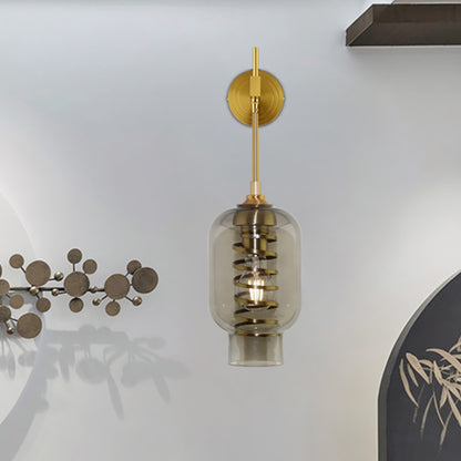 Lantern Smoke Gray Glass Wall Lighting Postmodern 1 Bulb Brass Wall Lamp Sconce for Tea Room Brass Clearhalo 'Cast Iron' 'Glass' 'Industrial' 'Modern wall lights' 'Modern' 'Tiffany' 'Traditional wall lights' 'Wall Lamps & Sconces' 'Wall Lights' Lighting' 758945